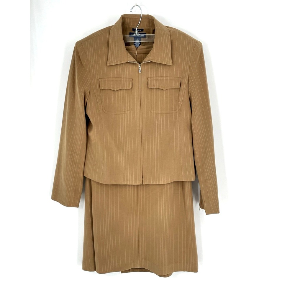 Evan Picone Womens 12 Skirt Suit Cognac Tan Pin Stripe Lined‎ Zip Front Jacket